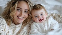 Caucasian mother and baby lying on white bedding, both wearing cozy knit sweaters, sharing joyful smiles and tender moment together. Natural lifestyle portrait.