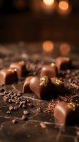 Artisan chocolate bonbons with gold leaf garnish arranged on dark surface with cocoa powder and warm bokeh lighting, suitable for luxury food photography and confectionery marketing.