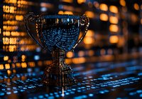 Trophy on digital background with glowing blue data reflection and golden bokeh lights creating dramatic atmosphere of success and technological achievement.