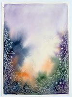 Watercolor frame with ornate floral border and mystical elements on textured paper background for invitations, cards and decorative design projects.