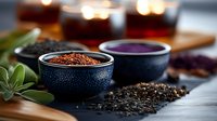 Aromatic loose tea leaves and vibrant powder ingredients in ceramic bowls on rustic wooden surface with soft ambient lighting and fresh herbs for tea ceremony.