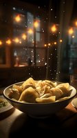Steaming dumplings in black bowl with atmospheric bokeh lights and falling snow, cozy winter evening mood creates warm dining atmosphere for food photography.