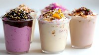 Three colorful smoothie bowls with various toppings including nuts, seeds and fruits arranged in glass cups for healthy breakfast or snack.