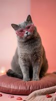 Gray British Shorthair cat wearing pink heart-shaped glasses sitting on cushion with romantic Valentine's Day decor for love and pet celebration concepts.