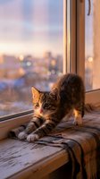 Tabby kitten stretching on wooden windowsill with city skyline at sunset, urban apartment living with curious young cat gazing outdoors.