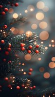 Christmas tree branches with red ornaments and warm bokeh lights creating festive holiday atmosphere for seasonal decorations and greeting cards.
