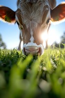 Close-up portrait of white dairy cow face with ear tags grazing in fresh green grass meadow during sunny morning, backlit by golden sunlight through ears.