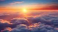 Majestic aerial view above fluffy clouds at sunset with vibrant orange and purple sky, sun peeking through cloudscape creating dramatic atmosphere and ethereal mood.