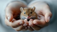 Tiny harvest mouse with bright blue eyes nestled in gentle cupped hands, close-up view showing detailed fur texture and whiskers against soft blurred background.