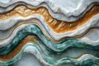 Abstract luxury waves in white marble, emerald green and gold glitter texture. Modern fluid art background with shimmering metallic effect for elegant design.