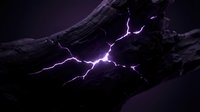 Purple lightning strikes illuminate dramatic rocky mountain landscape with electric energy bolts creating mystical atmospheric scene against dark stormy sky.