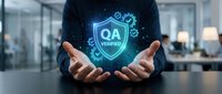 Professional businessman presenting digital QA verified shield symbol with glowing effects in modern office environment for quality assurance concepts.