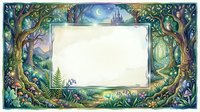 Enchanted forest frame with castle, glowing trees, mushrooms, owl, and crescent moon, surrounding a blank space for text or design.