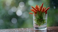 Fresh red chili peppers in clear glass with water against blurred bokeh background, raindrops creating moody atmosphere for food photography.