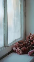 Faded pink roses lying on white windowsill in soft natural daylight, creating romantic nostalgic atmosphere with dreamy morning light filtering through window.