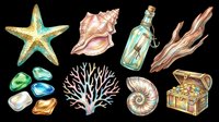 Watercolor ocean treasure clipart set with starfish, seashell, bottle with message, driftwood, sea glass, coral, nautilus, and chest, isolated on transparent background for stickers and t-shirt design.