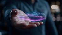 Glowing purple and blue particle wave floating above open palm against dark background, representing digital transformation and future technology concept.