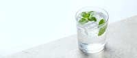 Fresh mint leaves floating in clear sparkling water glass on white marble surface for healthy hydration and wellness lifestyle concepts.