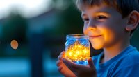 Young boy holding illuminated glass jar with magical glowing fairy lights at dusk, creating warm atmosphere and sense of wonder in twilight setting.