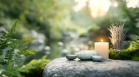 Burning white candle and zen stones on moss covered rock in tranquil garden setting with soft bokeh background, creating peaceful spa atmosphere.