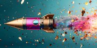 Golden rocket with pink accent soaring through turquoise space background amid colorful explosion of confetti and paint splashes, creating dynamic motion effect.