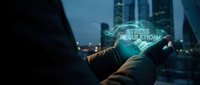 Businessman holding glowing holographic stress regulation interface in modern city office at night for mental health and wellness technology solutions.