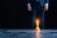 Glowing chess king piece standing alone on dark background with business person silhouette, representing leadership and strategic success in corporate world.
