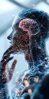 Digital visualization of human brain with glowing neural network and particle effects showing cognitive processes and mental activity in profile view.