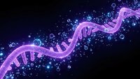 Glowing DNA double helix structure with molecular particles on dark blue background for scientific research and biotechnology applications.