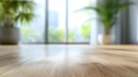 Wooden table surface with blurred modern interior background featuring houseplants and window view. Clean minimalist perspective for product display.