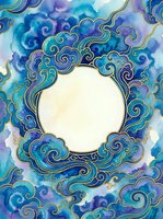 Watercolor blue and purple swirling clouds frame with gold ornate borders and blank center space for text or design elements on white background.
