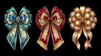 Three ornate decorative bows in teal, red, and gold tones, isolated on transparent background. Ready for Christmas clipart, stickers, t-shirt design, and print on demand.