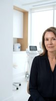 Professional middle-aged Caucasian female dentist in dark uniform standing confidently in modern dental clinic with equipment and bright natural lighting.