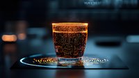 Glass of sparkling drink with golden bubbles on dark background, dramatic lighting creates luxurious mood, selective focus highlights effervescent beverage.