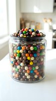 Glass jar filled with colorful chocolate candy balls on kitchen counter for sweet treats and confectionery storage concepts.