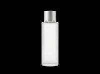 Frosted glass cosmetic bottle with silver metallic cap, isolated on transparent background. Ready for skincare, perfume, and beauty product packaging design, sublimation, and print-on-demand applications.