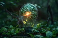 Creative concept of glowing brain inside lightbulb surrounded by green leaves, representing innovation, mindfulness and environmental consciousness. Perfect for business or education designs.