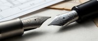 Elegant fountain pen with ornate metal nib resting on documents, perfect for business correspondence, legal contracts, and professional writing tasks.