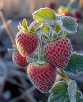 Fresh ripe strawberries covered in morning frost crystals with green leaves on branch, macro photography in natural garden setting showing delicate frozen details.