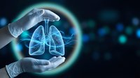 Medical professional hands protecting holographic lungs illustration on dark background for healthcare and respiratory system concepts.