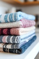 Stack of folded linen kitchen towels in blue, pink, and neutral colors with striped patterns, showcasing rustic textile textures for home decor.