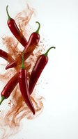 Red hot chili peppers with swirling spice powder explosion on white background, bold food concept for culinary, packaging, and menu design.