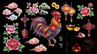 Colorful Chinese New Year decorative elements collection featuring rooster, lanterns, peonies, fireworks, and traditional ornaments isolated on transparent background for t-shirt design, clipart, stickers, and print-on-demand projects.