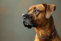 Majestic Rhodesian Ridgeback dog with striking blue eyes in profile view against blurred background, wearing leather collar. Close up portrait shows distinctive breed features.