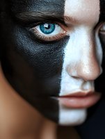 Close-up portrait with creative black and white face paint makeup design featuring striking blue eye and dramatic contrast, suitable for beauty and art concepts.
