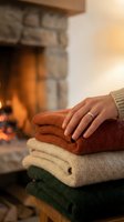 Person wearing ring resting hand on stack of folded knit sweaters by fireplace. Cozy autumn and winter home comfort scene for seasonal lifestyle and relaxation themes.