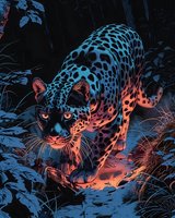Mystical jaguar with glowing spots in neon blue and orange colors prowling through dark jungle at night, dramatic lighting creates supernatural atmosphere.