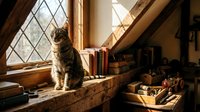 Tabby cat sitting on wooden windowsill gazing out leaded glass window in cozy attic room with books and warm sunlight for home decor and pet lifestyle content.