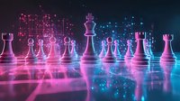 Chess pieces on reflective surface with neon pink and blue lighting effects creating futuristic atmosphere, strategy concept with glowing particles and light trails.