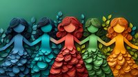 Paper cut style colorful mermaids holding hands in row with floral elements and leaves, gradient background creates depth and dimension. Decorative fantasy art.